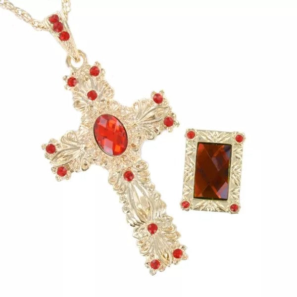 Kruis met ketting en ring luxe (set), goud/rood