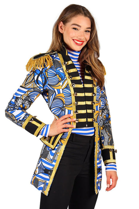 Damesjas African look blauw/wit mt. M