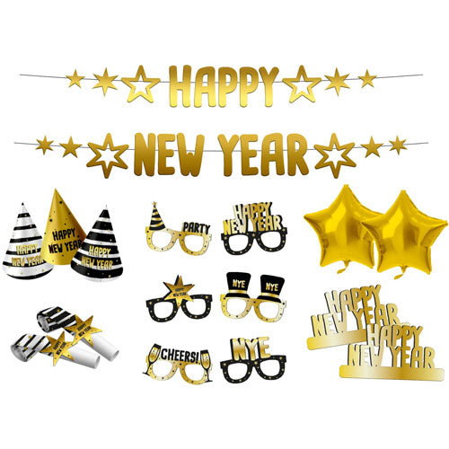 Feestpakket Happy new year zwart/goud 28-dlg