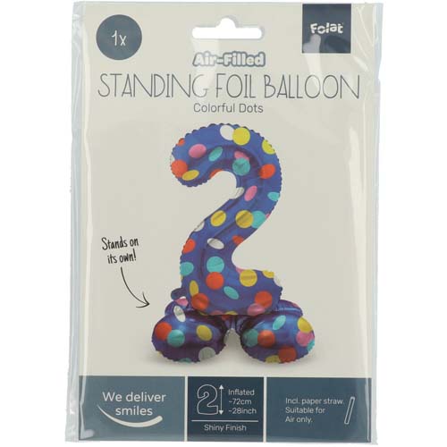 Folieballon staand colorful dots cijfer 2