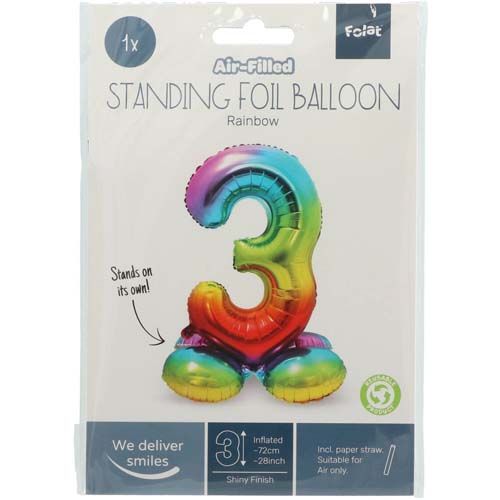 Folieballon staand regenboog cijfer 3