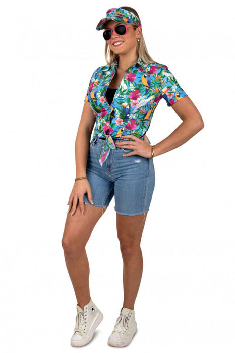 Hawaii knoop blouse met zonneklep blauw mt. 36-38