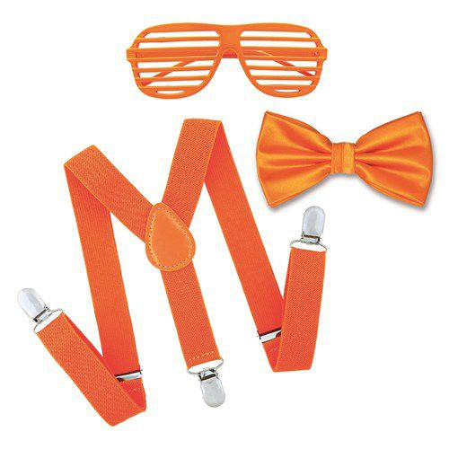 Oranje set: bril, bretels en vlinderdas