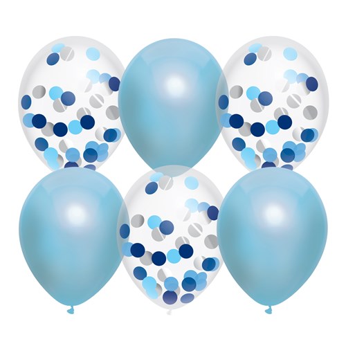 Ballonnen mix confeti/metallic blauw 6st.