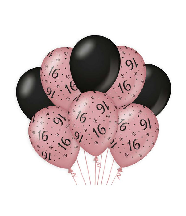 Ballonnen rosé/zwart - 16 (8st.)