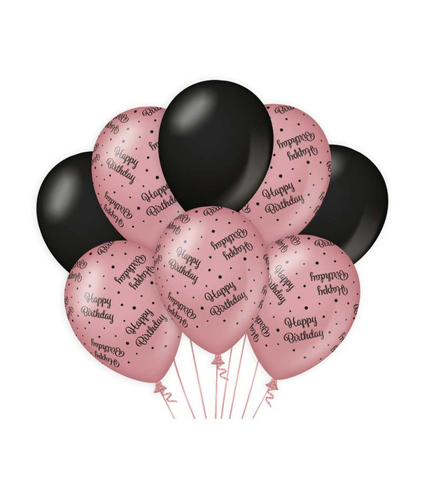 Ballonnen rosé/zwart - Happy Birthday (8st.)