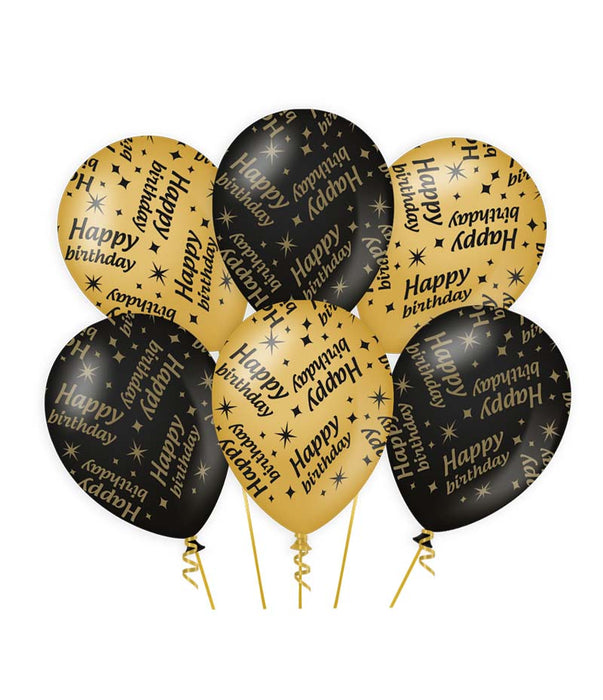 Ballonnen zwart/goud Happy Birthday (6 st.)