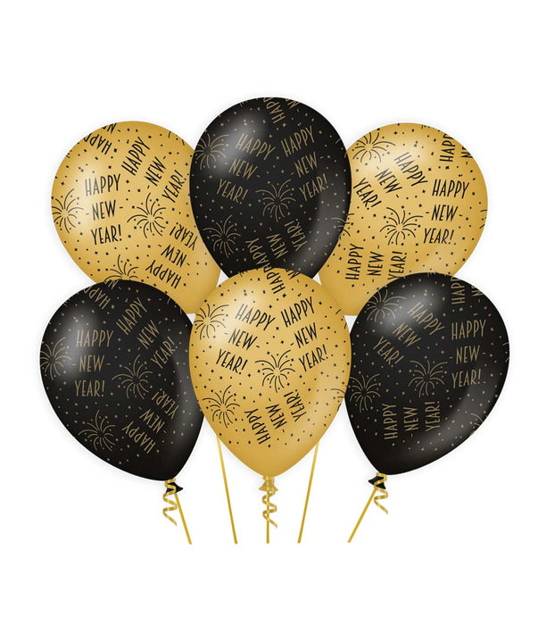 Ballonnen zwart/goud Happy New Year (6 st.)