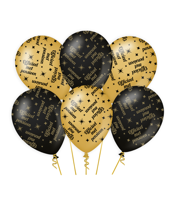 Ballonnen zwart/goud Pensioen (6 st.)