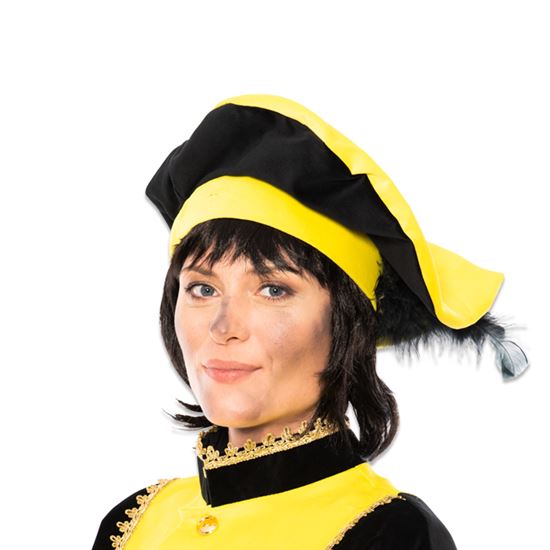 Baret Piet fluweel met veer geel/zwart