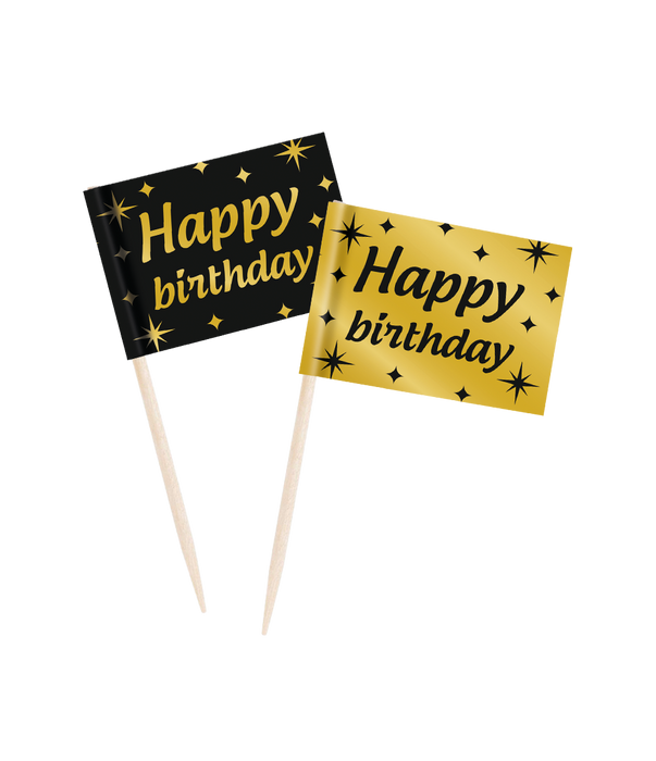 Cocktailprikkers zwart/goud Happy Birthday