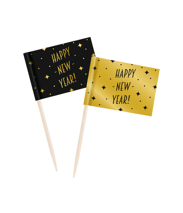 Cocktailprikkers zwart/goud Happy new year