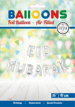 Folieballon tekst 16inch: Eid Mubarak zilver