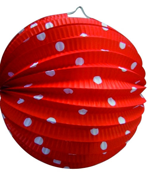 Lampion rond rood+witte stippen 23cm