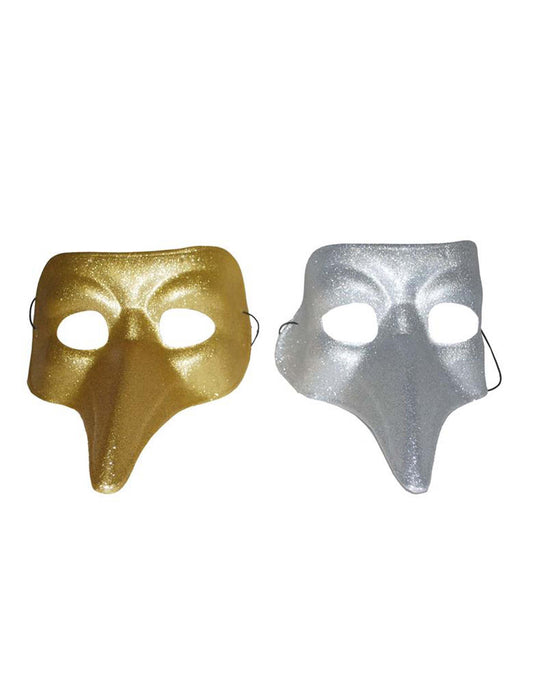 Masker glitter met lange neus zilver