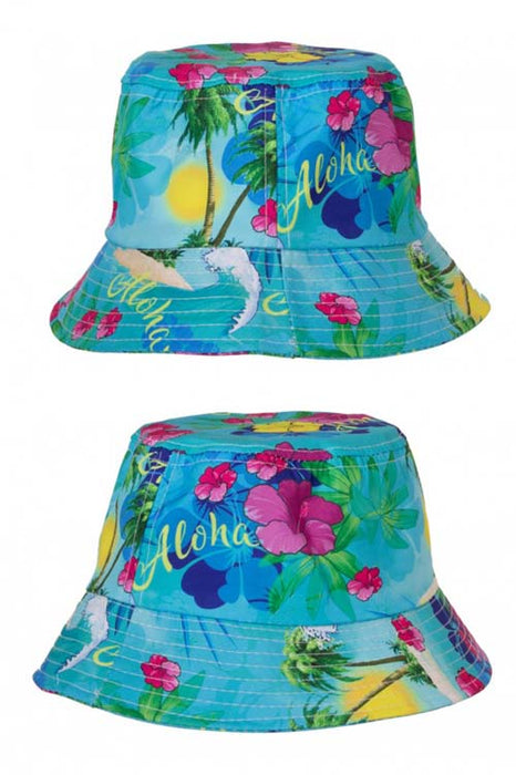 Vissershoedje Hawaiiprint blauw